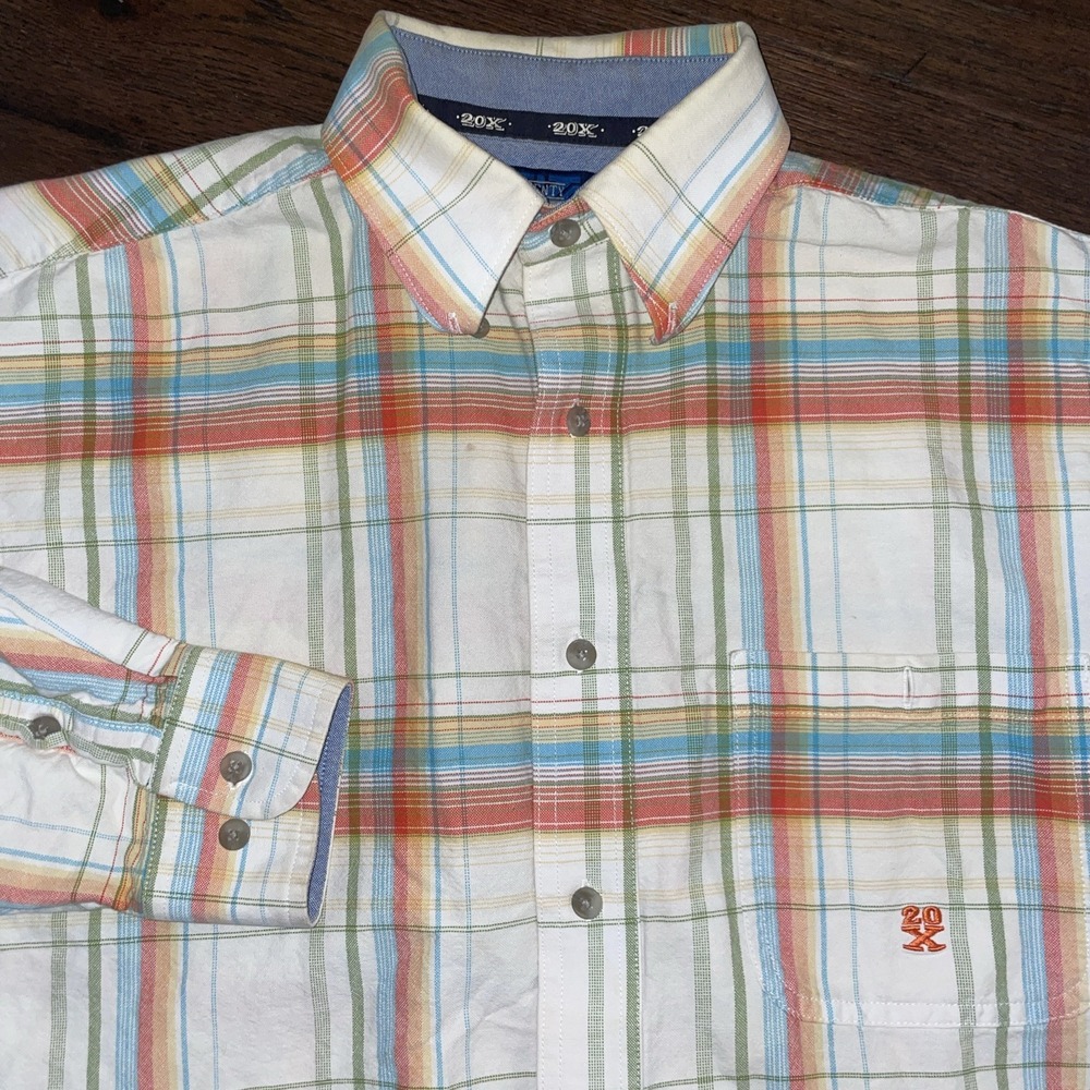 Wrangler 20X Shirt Men's L Orange Plaid Long Sleeve Button Down-See Measurment